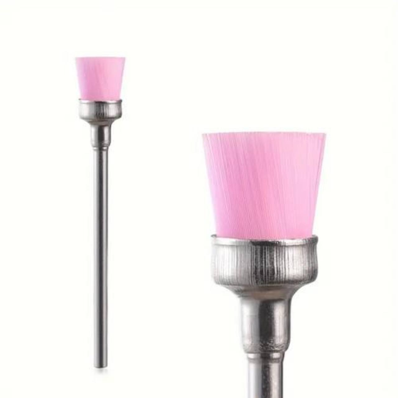 Pink nail drill cleaning brush shown full length and in close-up