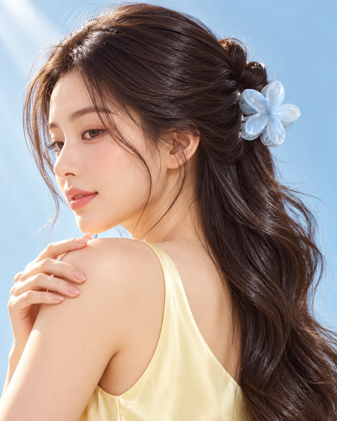 Woman wearing a pearlescent blue flower claw clip in a half-up hairstyle