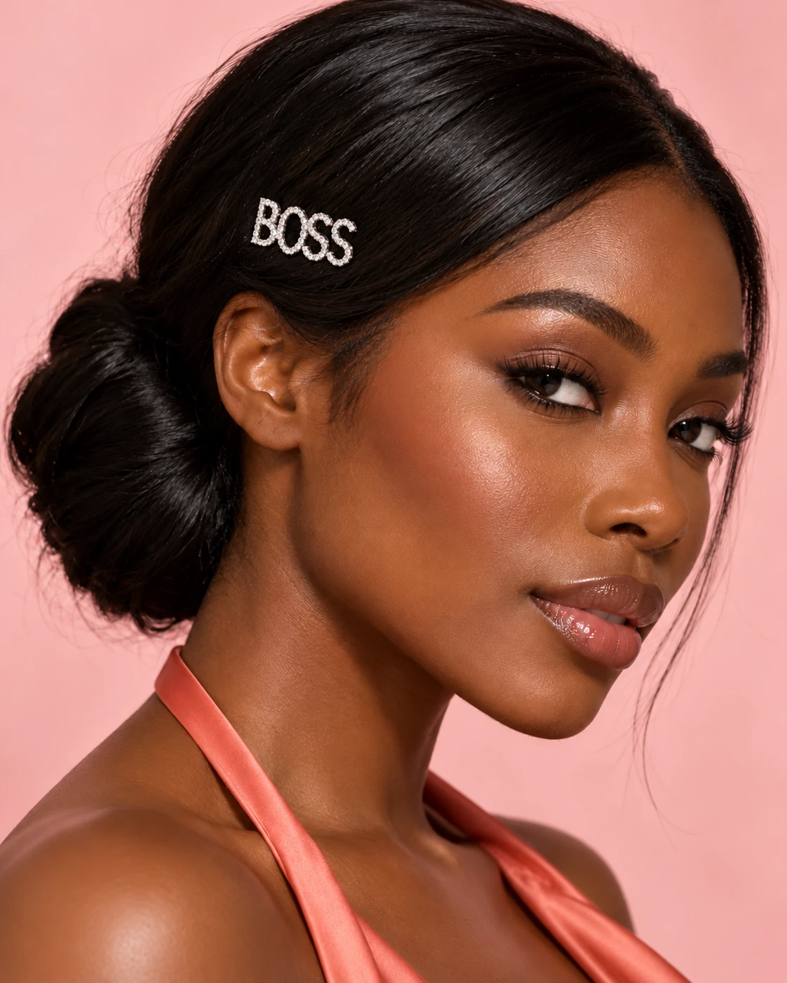 Woman with a sleek black bun wearing the crystal BOSS lettering above her ear, against a blush background