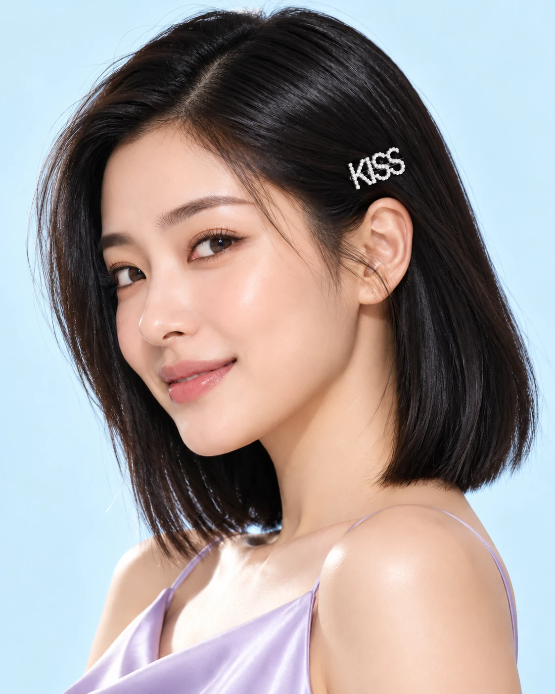 Woman with a black bob wearing the crystal KISS lettering above her ear, against a sky-blue background