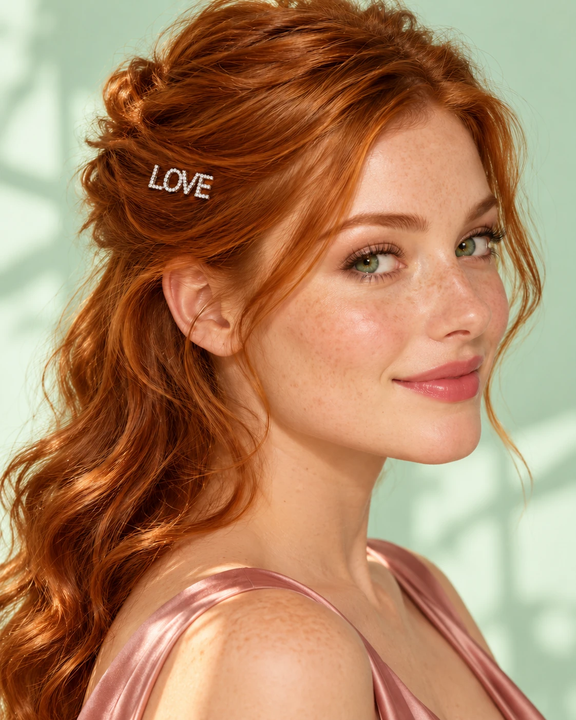 Red-haired woman wearing the crystal LOVE lettering in a half-up hairstyle, against a mint background