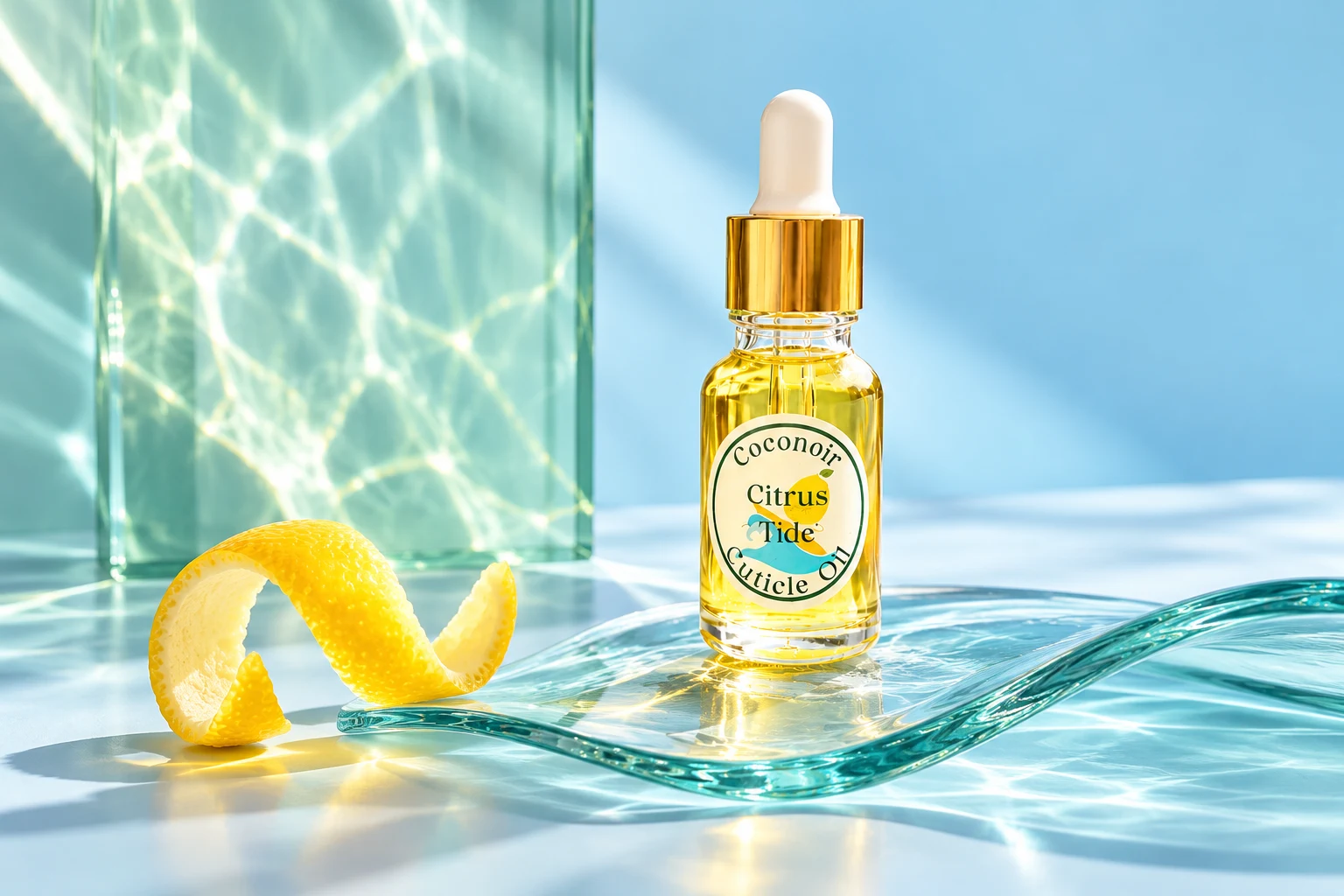 Citrus Tide cuticle oil in a blue and mint glass still life
