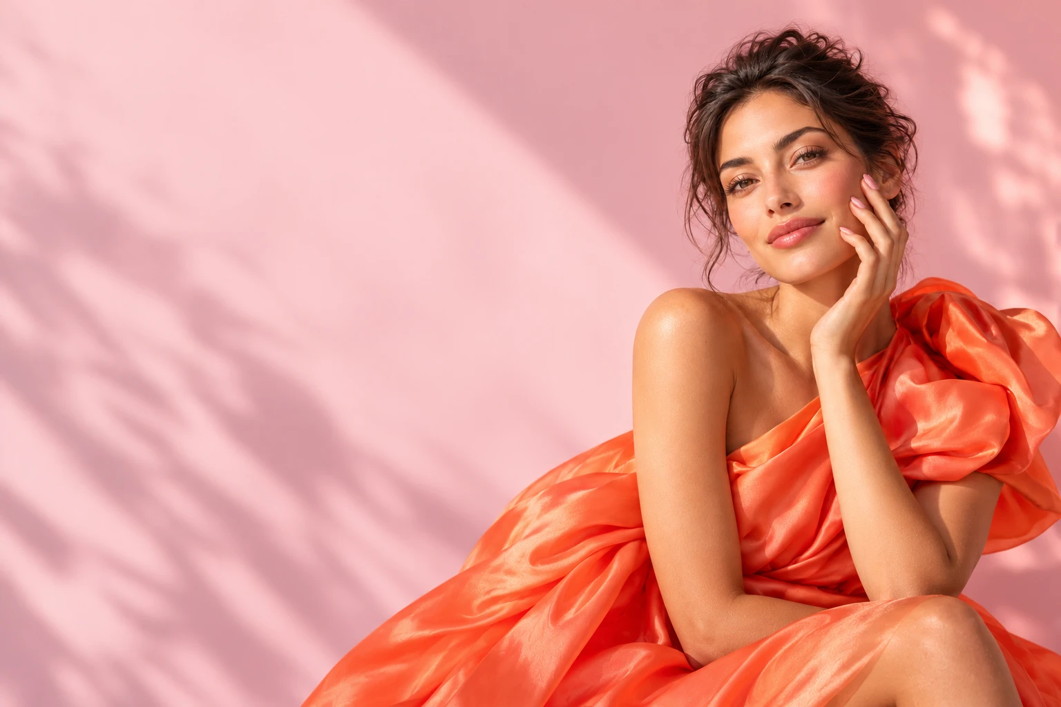 Woman in coral silk with a sheer pink manicure, against a sunlit pink backdrop