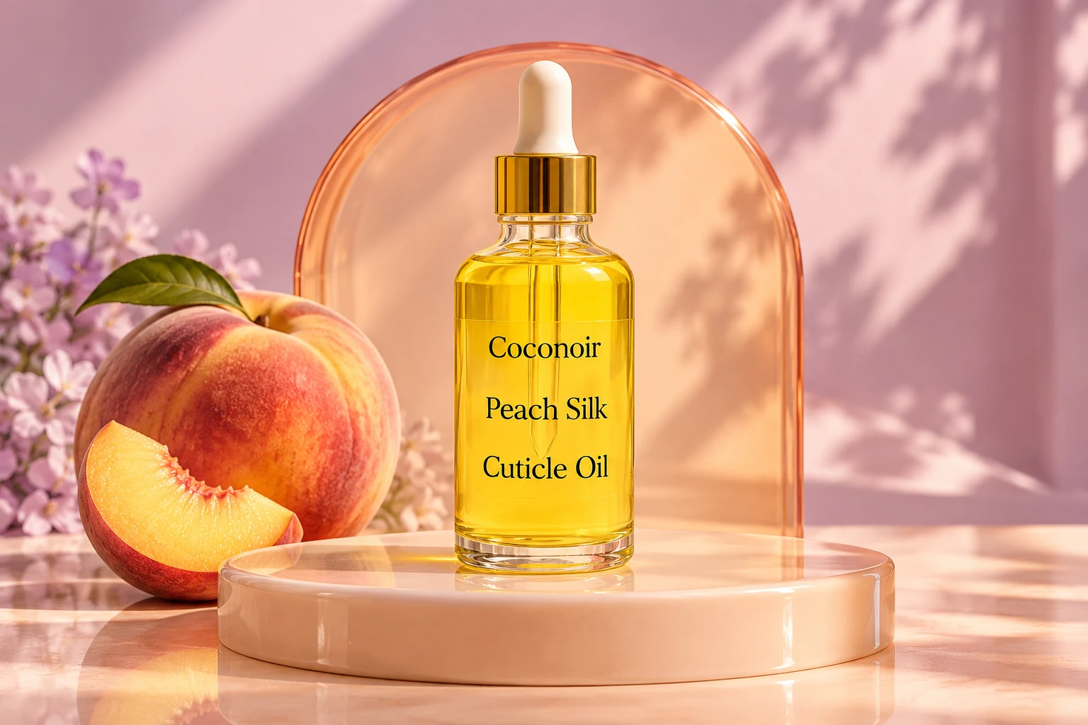 Peach Silk cuticle oil on an apricot plinth with peach and lilac accents