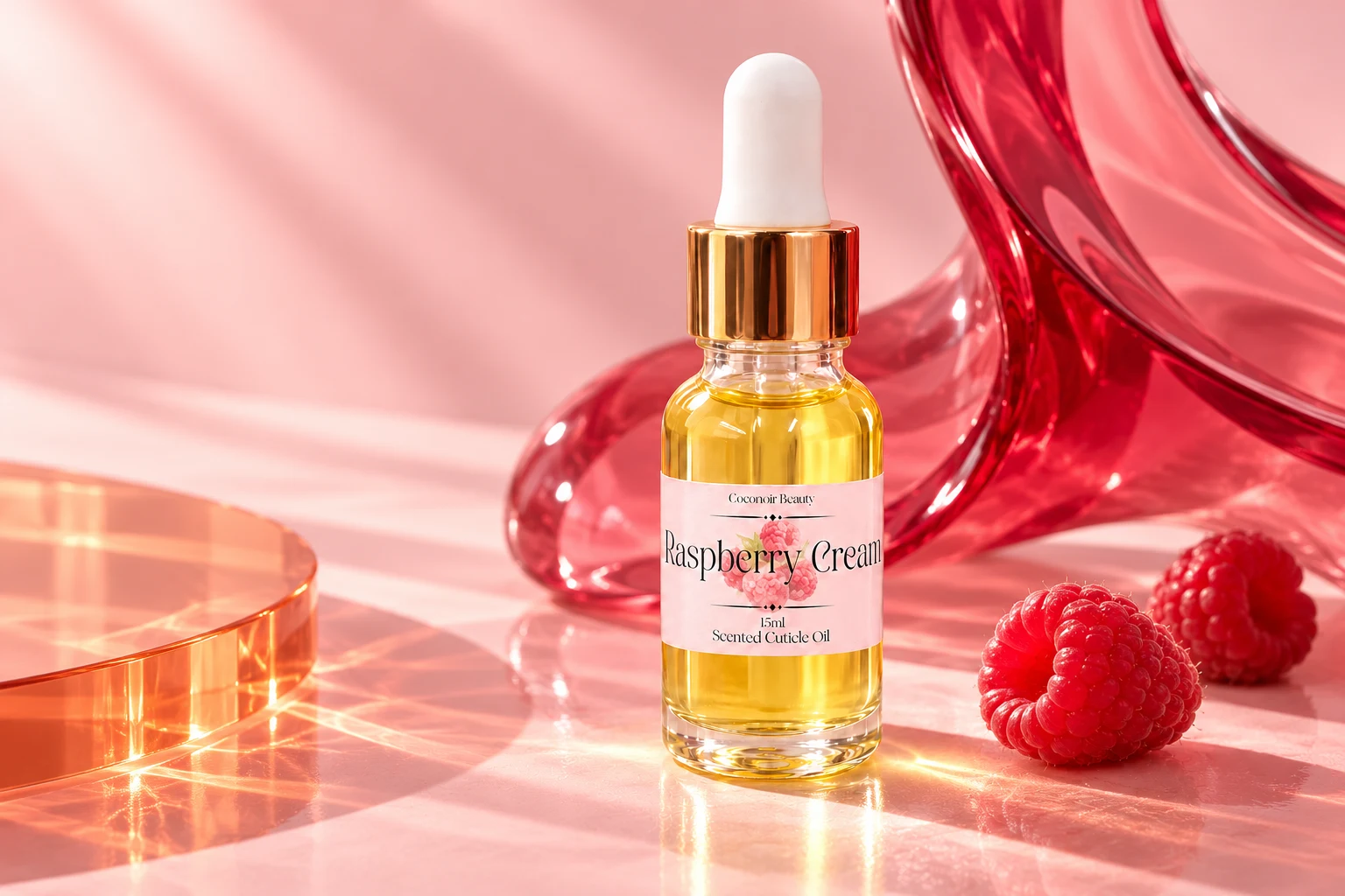 Raspberry Cream cuticle oil with pink and coral coloured glass