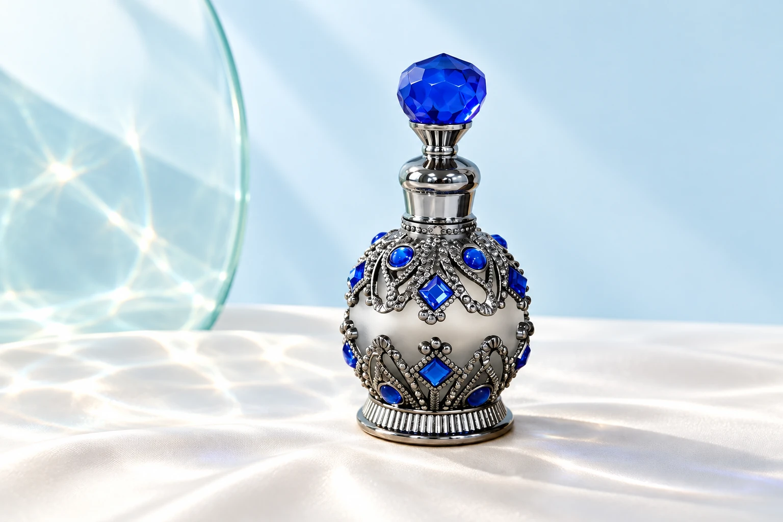Silver-toned vintage dropper bottle with cobalt blue jewels and stopper against a sky-blue background