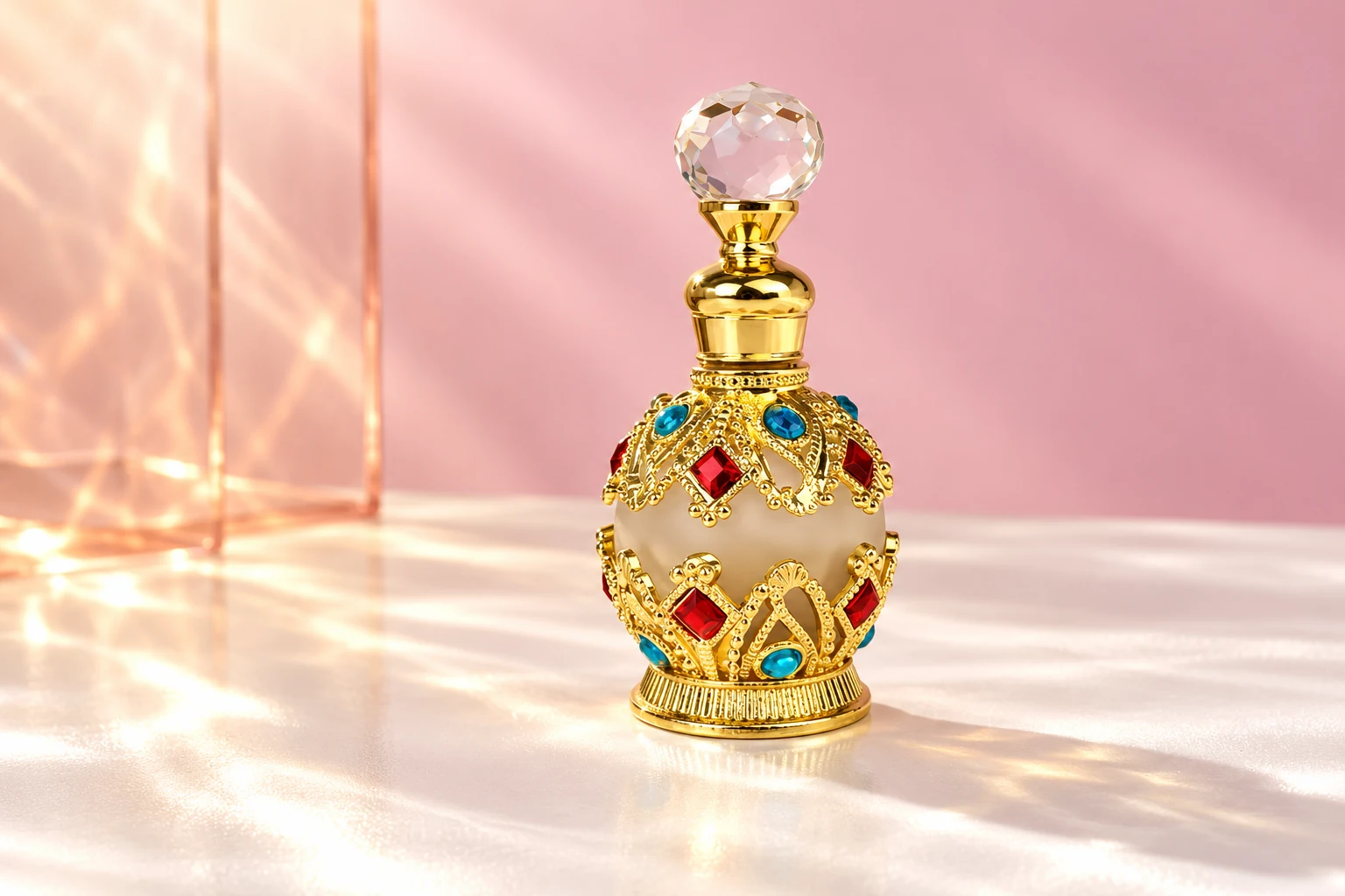 Gold and red vintage dropper bottle with turquoise accents in a sunlit blush studio