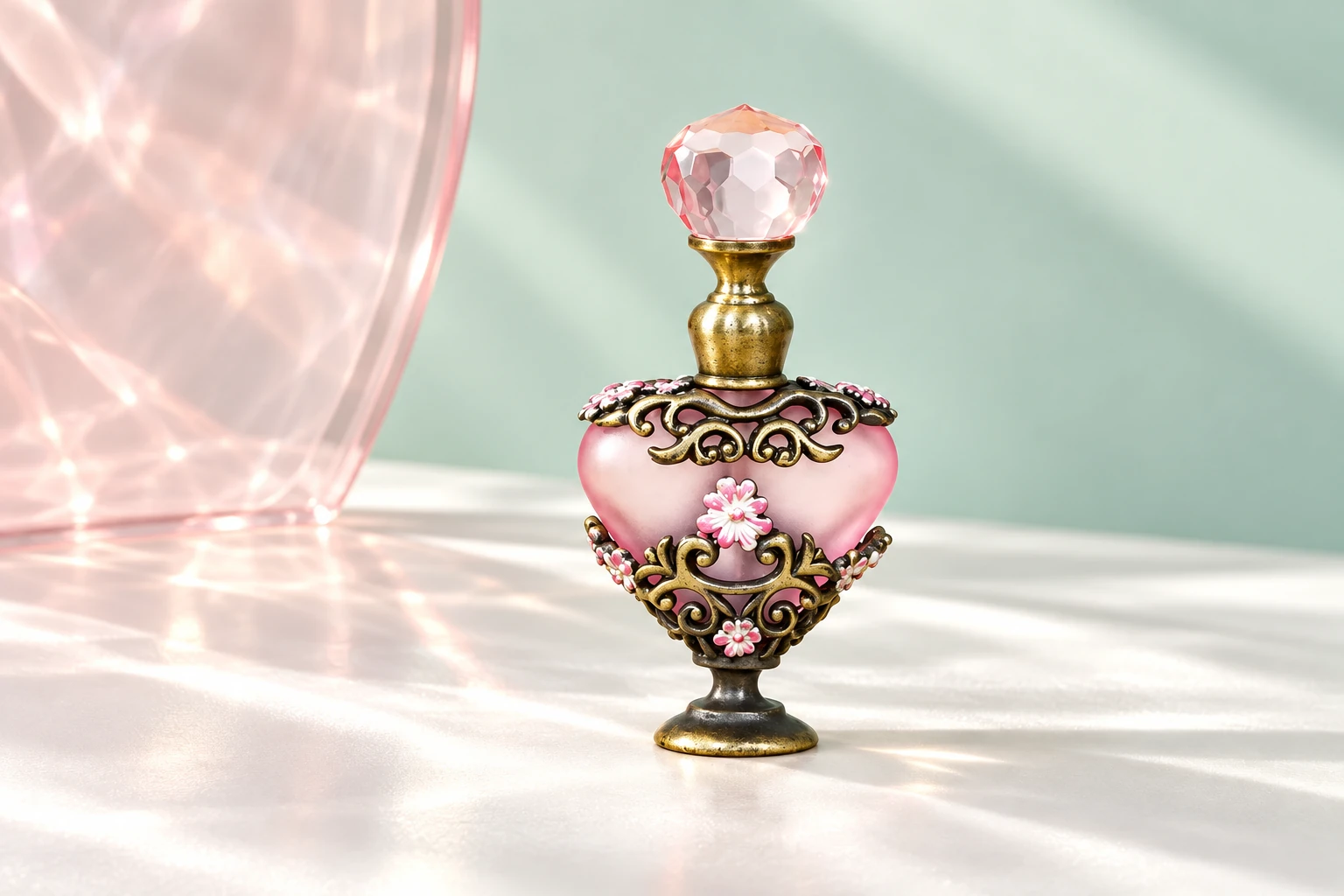 Pink heart-shaped vintage dropper bottle with floral bronze-toned decoration against a mint background