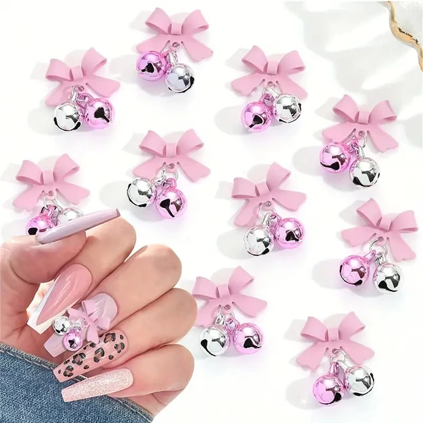 Coconoir Beauty - Nail Charms - Pink Bow, Silver Bell - 10Pk