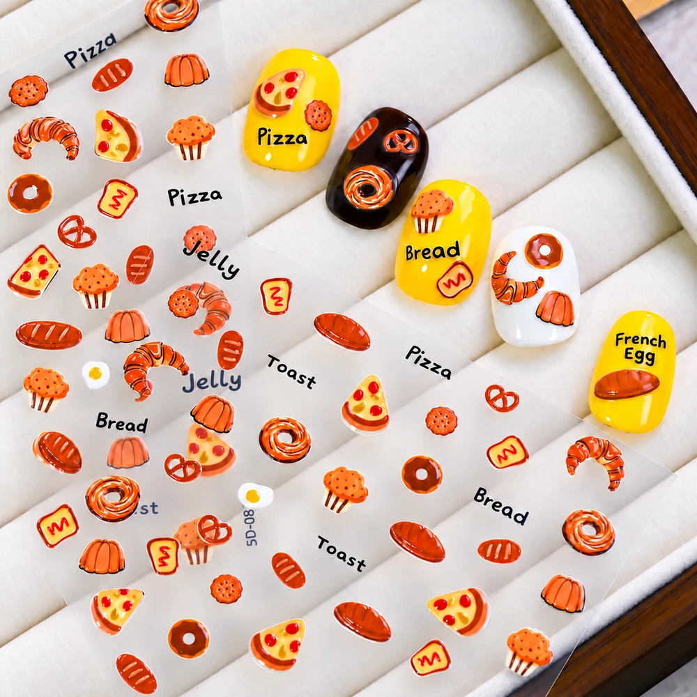 Coconoir Beauty - Nail Decal - Bread, Pizza, Croissant Cartoon - 1pc